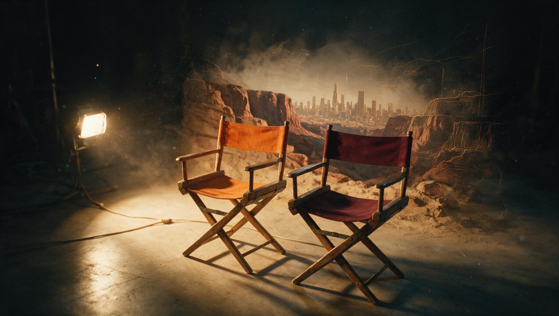 Two director chairs on a set where the world is still forming