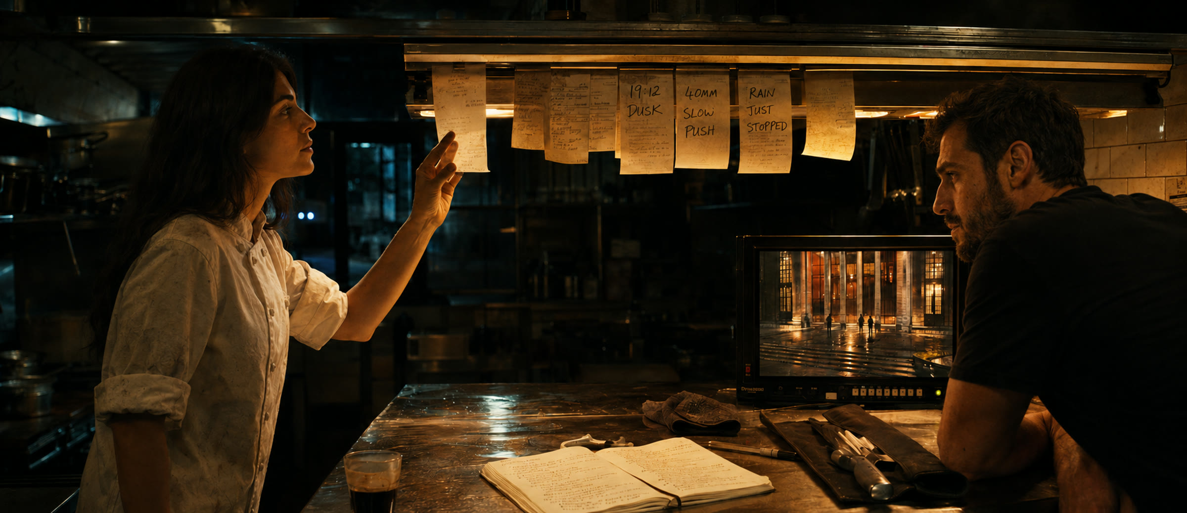 Maria Rosa and Diogo at a kitchen pass, reading shot directions written on service tickets beside a monitor