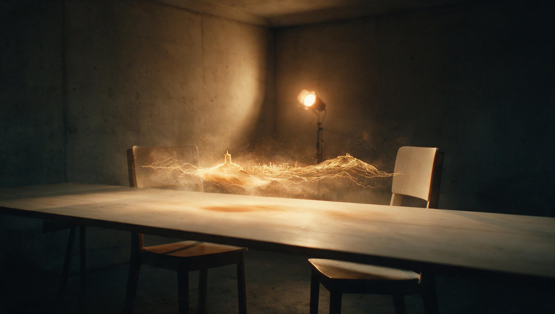 An empty meeting table with a project forming in light above it
