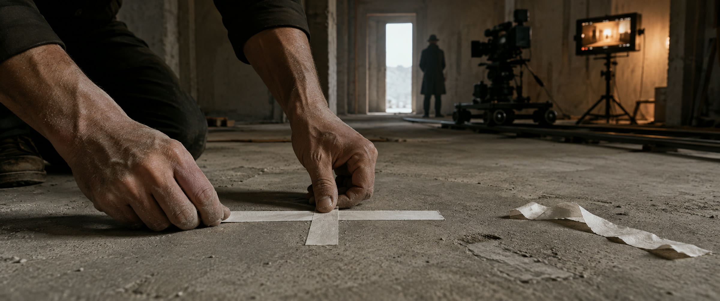 Hands taping a floor mark on bare concrete while the camera, the monitor and the actor wait behind