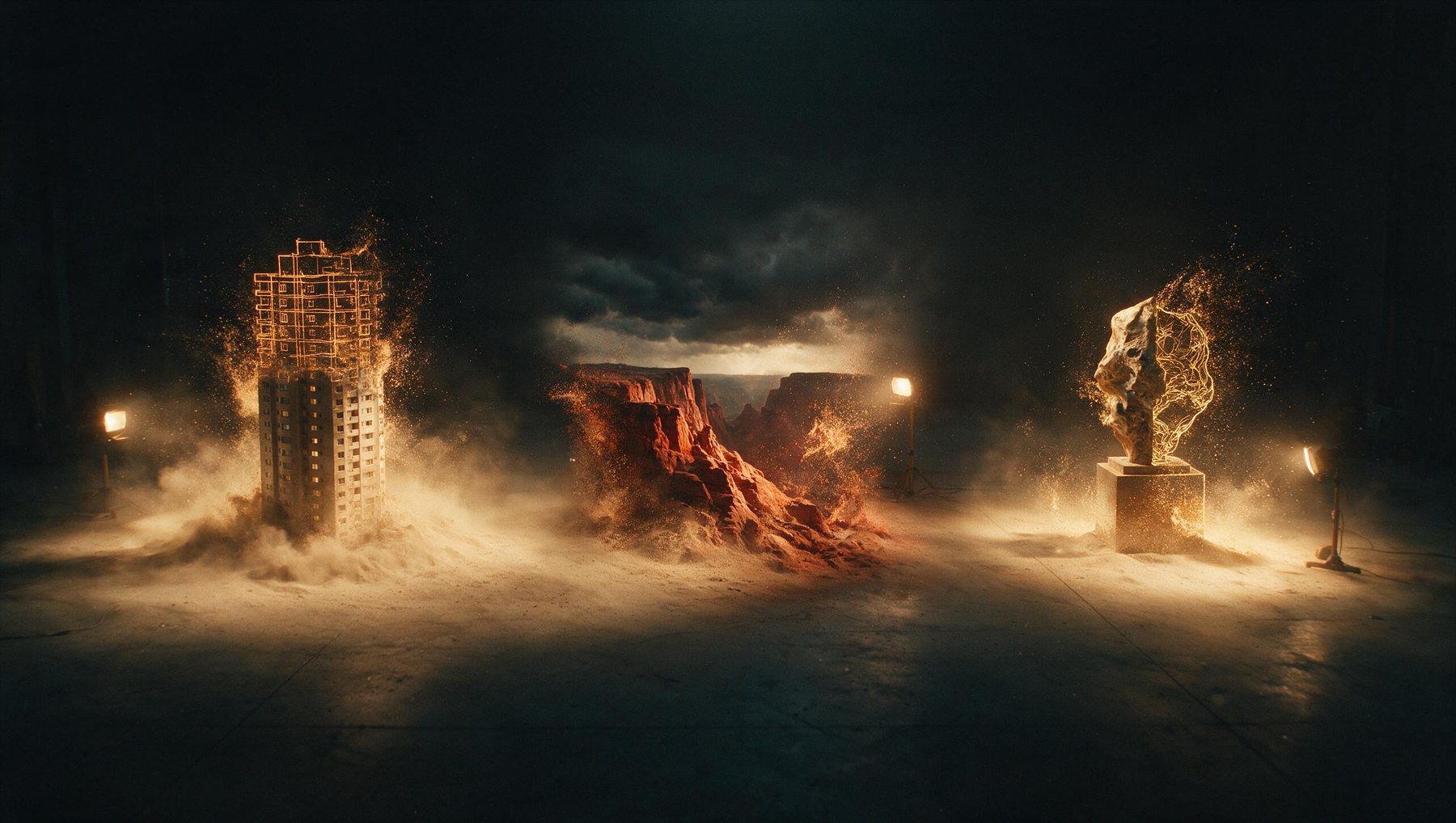 Three worlds forming side by side on a studio floor