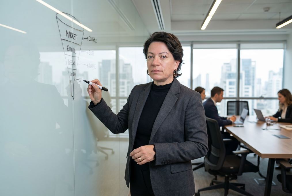 Executive drawing a funnel on glass